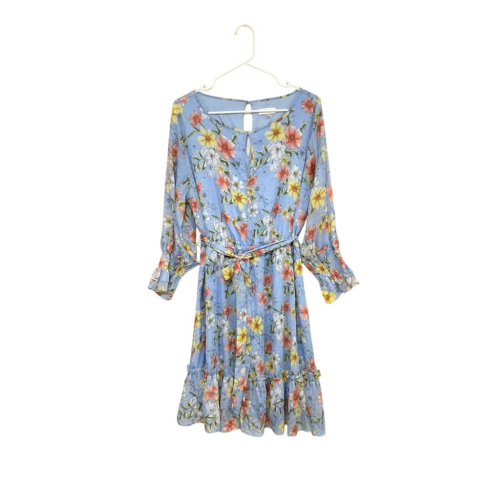Calvin Klein Blue Belted Ruffle Hem Floral Dress Size 12 Large Gathered Sleeves